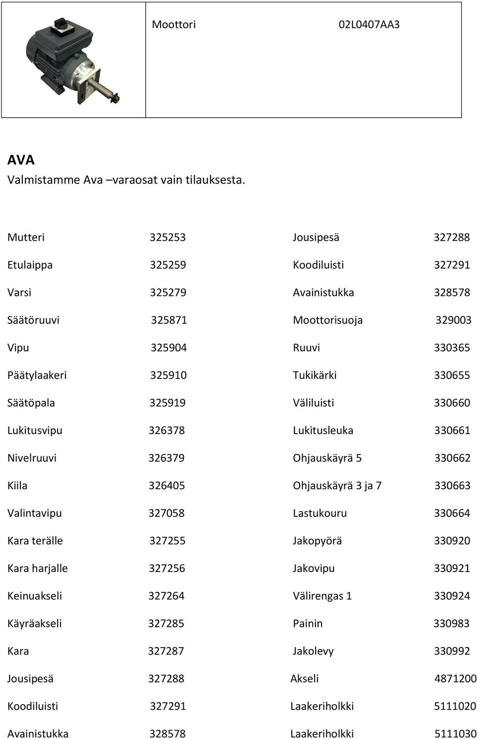 Tukikärki 330655 Säätöpala 325919 Väliluisti 330660 Lukitusvipu 326378 Lukitusleuka 330661 Nivelruuvi 326379 Ohjauskäyrä 5 330662 Kiila 326405 Ohjauskäyrä 3 ja 7 330663 Valintavipu