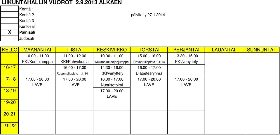 00 KKI/Kuntojumppa KKI/Kahvakuula KKI/raskausajanjumppa Revontuliopisto 1.1.14 KKI/venyttely 16-17 16.00-17.00 14.30-16.