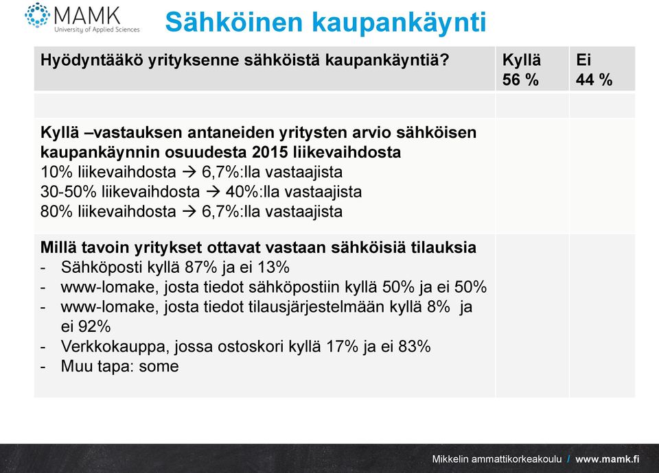 vastaajista 30-50% liikevaihdosta 40%:lla vastaajista 80% liikevaihdosta 6,7%:lla vastaajista Millä tavoin yritykset ottavat vastaan sähköisiä