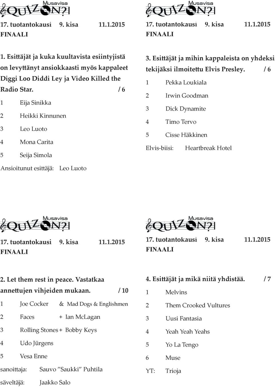/ 6 1 Pekka Loukiala 2 Irwin Goodman 3 Dick Dynamite 4 Timo Tervo 5 Cisse Häkkinen Elvis-biisi: Heartbreak Hotel Ansioitunut esi äjä: Leo Luoto 2. Let them rest in peace.
