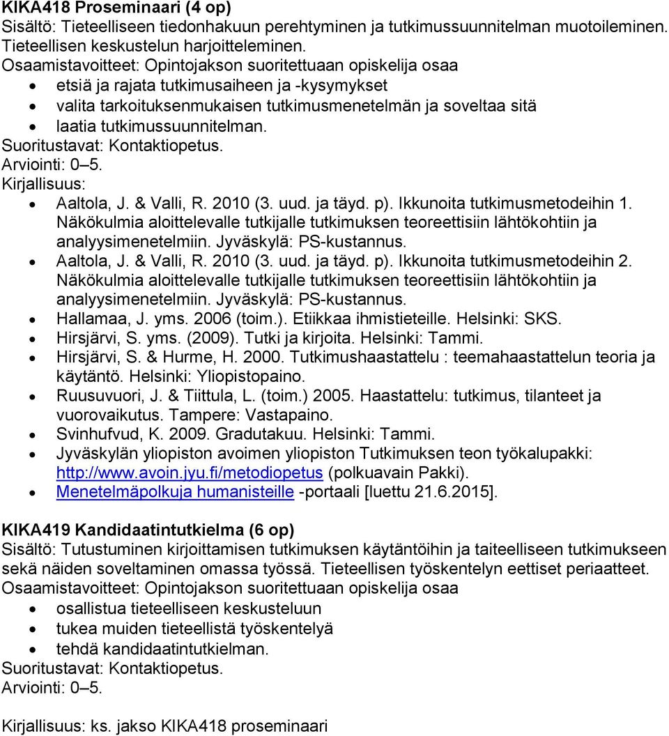 2010 (3. uud. ja täyd. p). Ikkunoita tutkimusmetodeihin 1. Näkökulmia aloittelevalle tutkijalle tutkimuksen teoreettisiin lähtökohtiin ja analyysimenetelmiin. Jyväskylä: PS-kustannus. Aaltola, J.