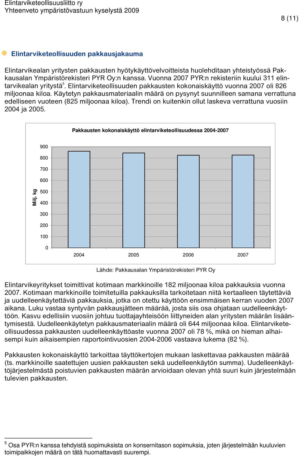 Käytetyn pakkausmateriaalin määrä on pysynyt suunnilleen samana verrattuna edelliseen vuoteen (825 miljoonaa kiloa). Trendi on kuitenkin ollut laskeva verrattuna vuosiin 2004 ja 2005.