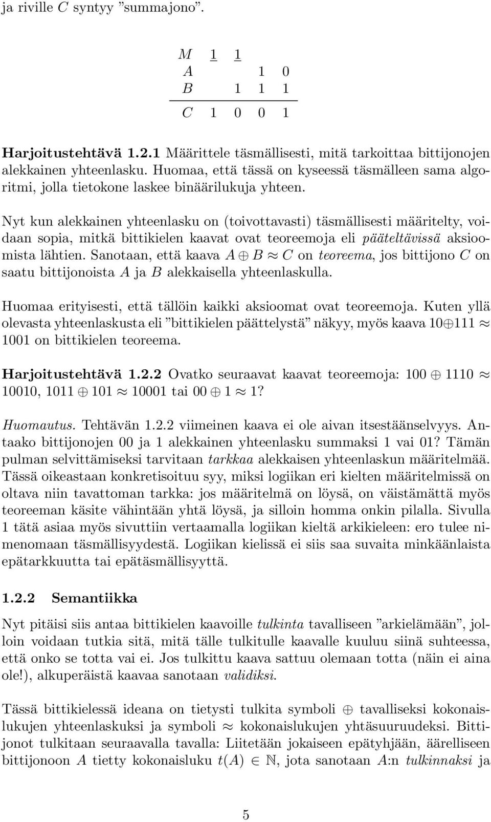 Nyt kun alekkainen yhteenlasku on (toivottavasti) täsmällisesti määritelty, voidaan sopia, mitkä bittikielen kaavat ovat teoreemoja eli pääteltävissä aksioomista lähtien.