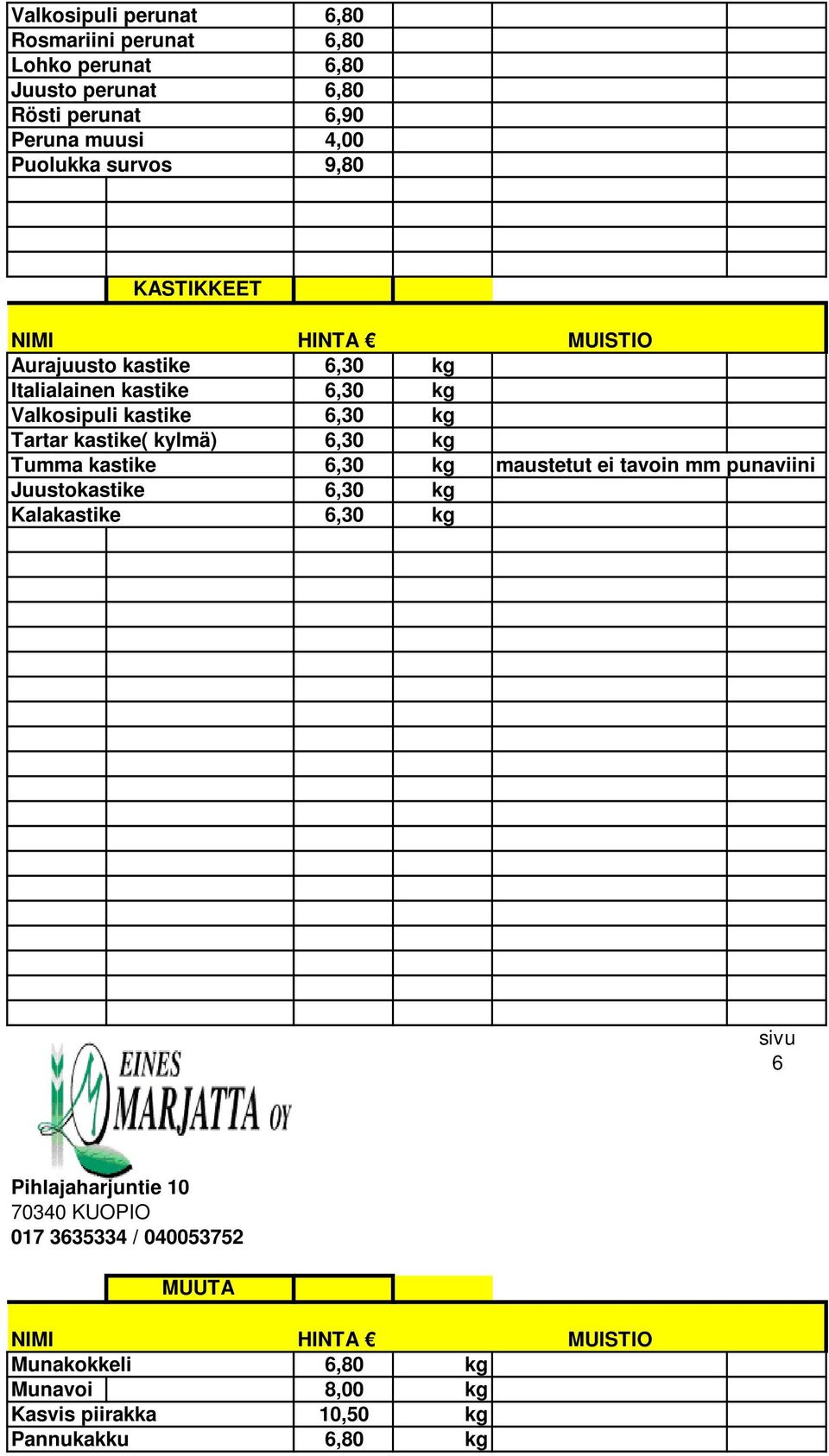 kastike( kylmä) 6,30 Tumma kastike 6,30 maustetut ei tavoin mm punaviini Juustokastike 6,30 Kalakastike 6,30 sivu 6