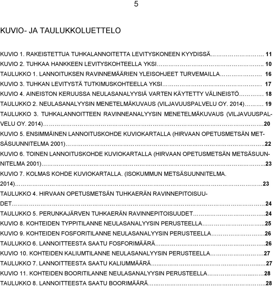 NEULASANALYYSIN MENETELMÄKUVAUS (VILJAVUUSPALVELU OY. 2014). 19 TAULUKKO 3. TUHKALANNOITTEEN RAVINNEANALYYSIN MENETELMÄKUVAUS (VILJAVUUSPAL- VELU OY. 2014).20 KUVIO 5.