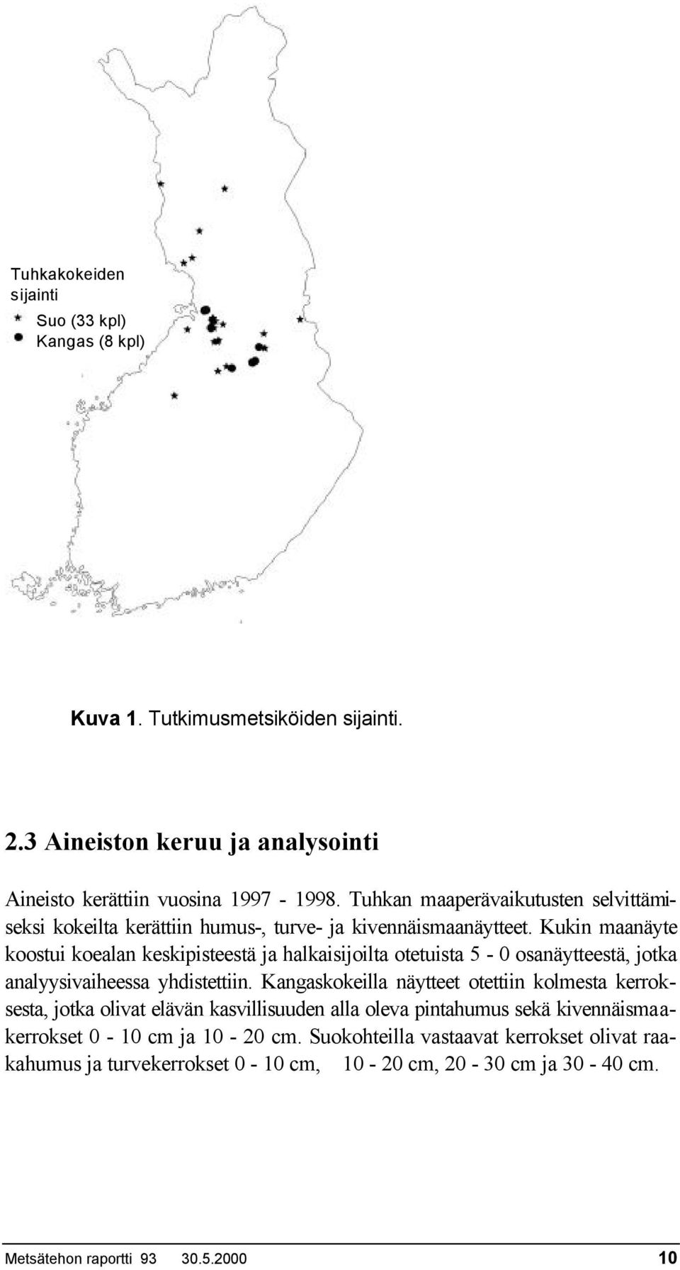 Kukin maanäyte koostui koealan keskipisteestä ja halkaisijoilta otetuista 5-0 osanäytteestä, jotka analyysivaiheessa yhdistettiin.