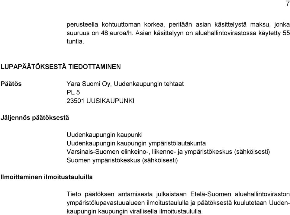 kaupunki Uudenkaupungin kaupungin ympäristölautakunta Varsinais-Suomen elinkeino-, liikenne- ja ympäristökeskus (sähköisesti) Suomen ympäristökeskus (sähköisesti) Tieto