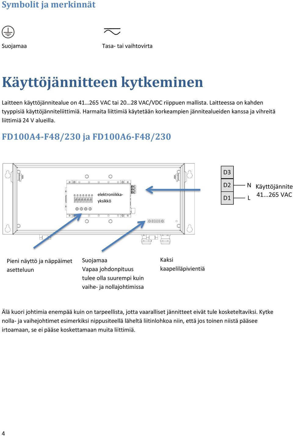 FD100A4-F48/230 ja FD100A6-F48/230 D3 elektroniikkayksikkö D2 D1 N L Käyttöjännite 41.