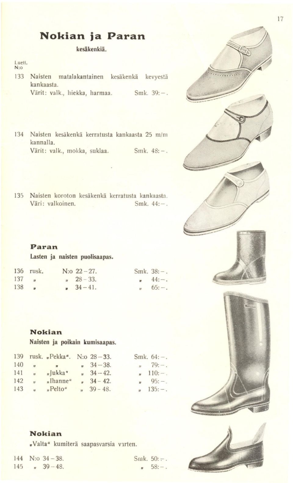 Smk. 44:-. Paran Lastenja naistenpuolisaapas. 136 rusko 22-27. 137. 28-33. ]38. 34-41. Smk. 38:-.. 44:-. 65:-. Nokian Naisten ja poikain kumisaapas. 139 rusko. Pekka.