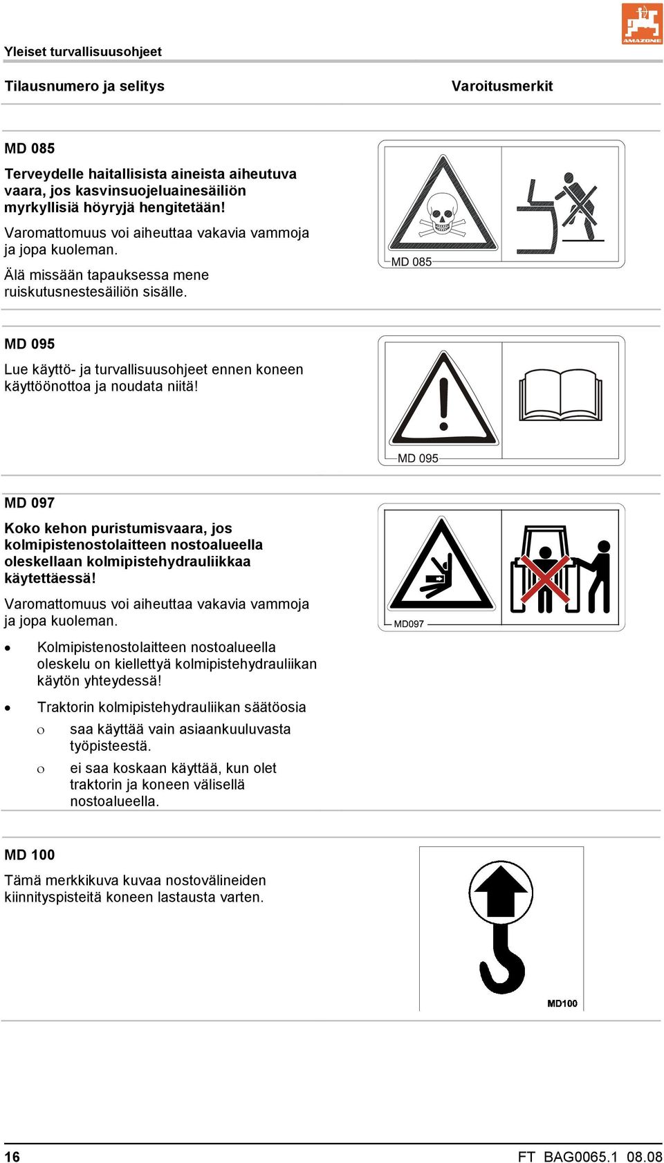 MD 095 Lue käyttö- ja turvallisuusohjeet ennen koneen käyttöönottoa ja noudata niitä!