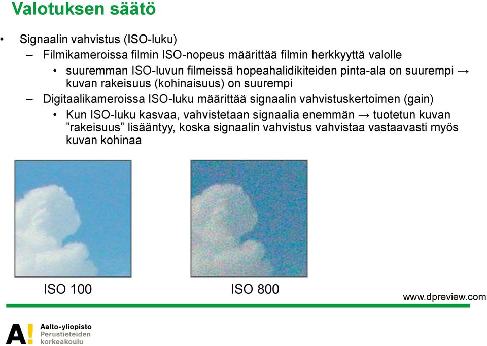 Digitaalikameroissa ISO-luku määrittää signaalin vahvistuskertoimen (gain) Kun ISO-luku kasvaa, vahvistetaan signaalia
