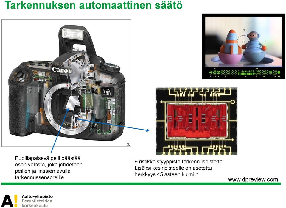 tarkennussensoreille 9 ristikkäistyyppistä tarkennuspistettä.