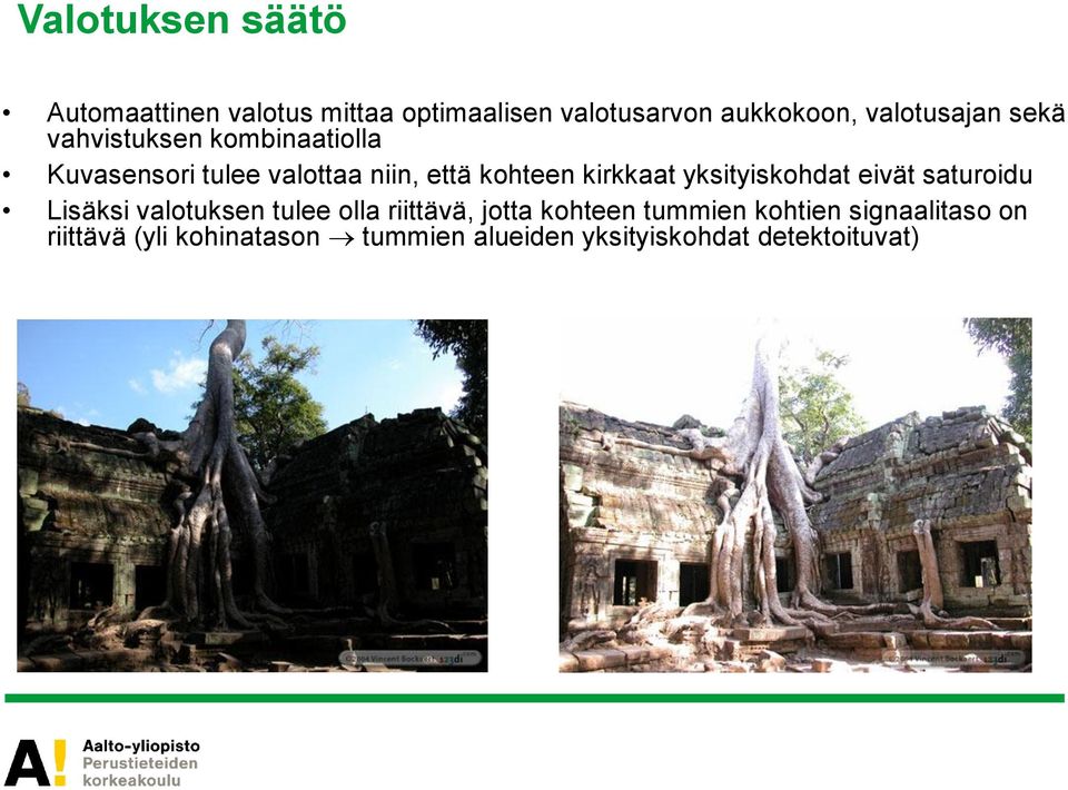 kirkkaat yksityiskohdat eivät saturoidu Lisäksi valotuksen tulee olla riittävä, jotta