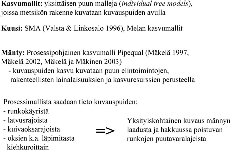 elintoimintojen, rakenteellisten lainalaisuuksien ja kasvuresurssien perusteella Prosessimallista saadaan tieto kuvauspuiden: - runkokäyristä -