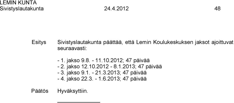 jaksot ajoittuvat seuraavasti: - 1. jakso 9.8. - 11.10.2012; 47 päivää - 2.