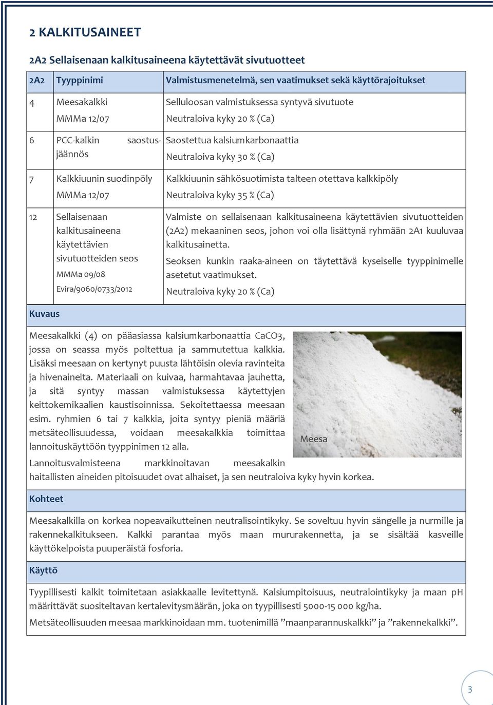 Saostettua kalsiumkarbonaattia Neutraloiva kyky 30 % (Ca) Kalkkiuunin sähkösuotimista talteen otettava kalkkipöly Neutraloiva kyky 35 % (Ca) Valmiste on sellaisenaan kalkitusaineena käytettävien