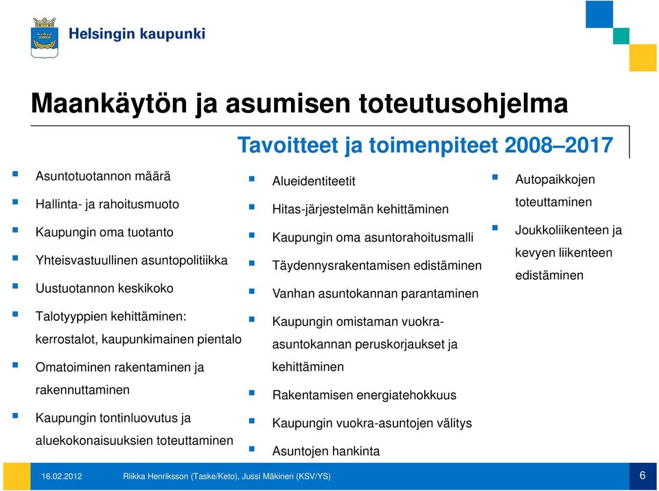 Autopaikkojen Hitas-järjestelmän kehittäminen Kaupungin oma asuntorahoitusmalli Täydennysrakentamisen edistäminen Vanhan asuntokannan parantaminen Kaupungin omistaman vuokraasuntokannan