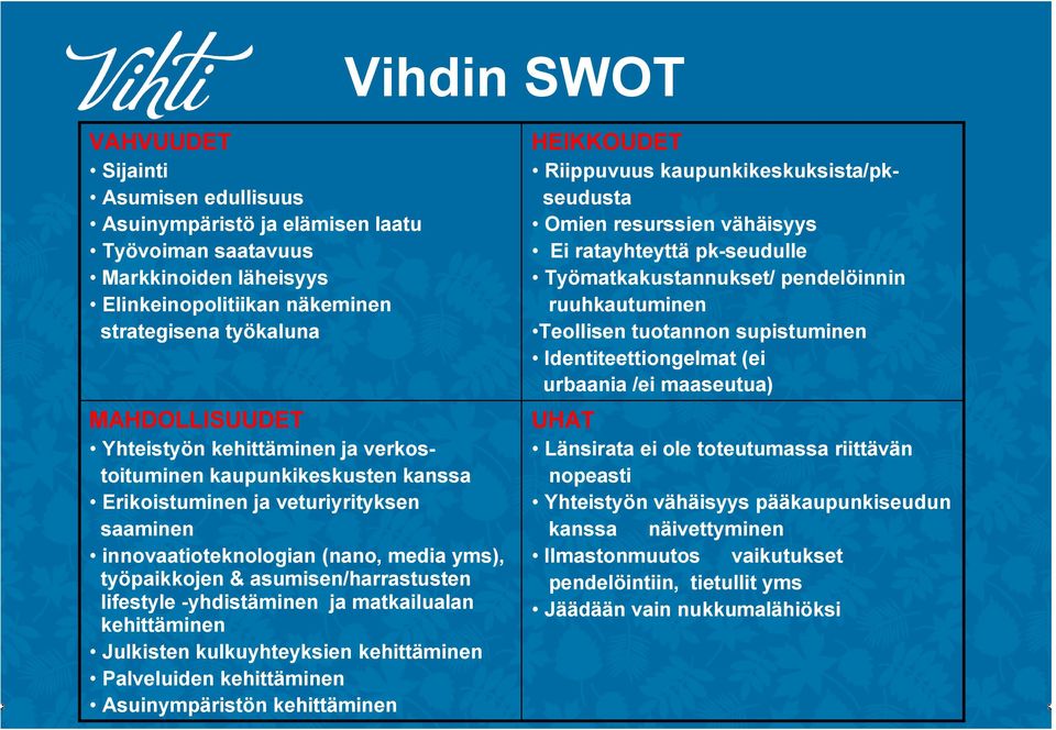 -yhdistäminen ja matkailualan kehittäminen Julkisten kulkuyhteyksien kehittäminen Palveluiden kehittäminen Asuinympäristön kehittäminen HEIKKOUDET Riippuvuus kaupunkikeskuksista/pkseudusta Omien