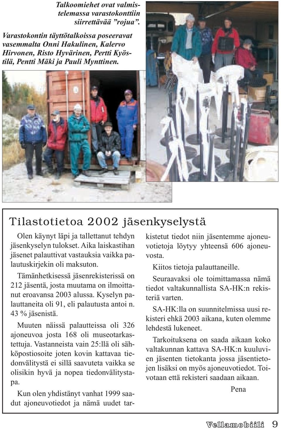 Tilastotietoa 2002 jäsenkyselystä Olen käynyt läpi ja tallettanut tehdyn jäsenkyselyn tulokset. Aika laiskastihan jäsenet palauttivat vastauksia vaikka palautuskirjekin oli maksuton.