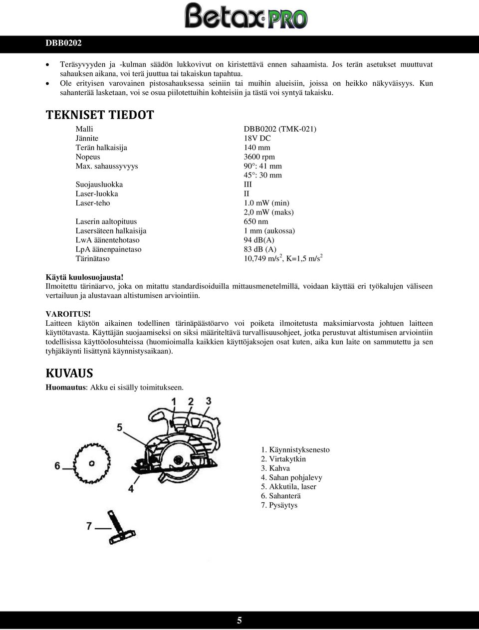 TEKNISET TIEDOT Malli DBB0202 (TMK-021) Jännite 18V DC Terän halkaisija 140 mm Nopeus 3600 rpm Max. sahaussyvyys 90 : 41 mm 45 : 30 mm Suojausluokka III Laser-luokka II Laser-teho 1.