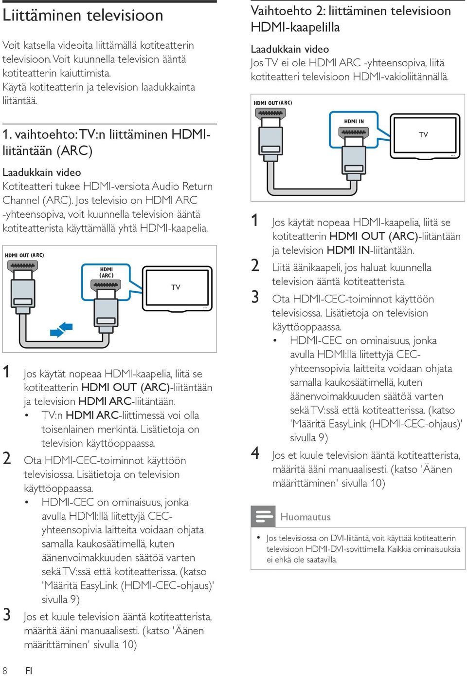 Jos televisio on HDMI ARC -yhteensopiva, voit kuunnella television ääntä kotiteatterista käyttämällä yhtä HDMI-kaapelia.