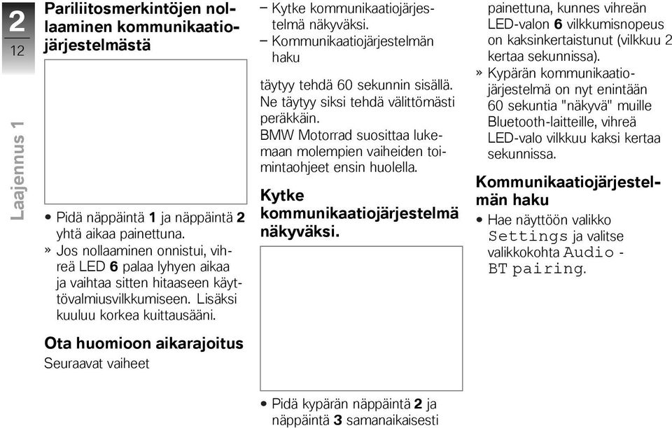 Kommunikaatiojärjestelmän haku täytyy tehdä 60 sekunnin sisällä. Ne täytyy siksi tehdä välittömästi peräkkäin. BMW Motorrad suosittaa lukemaan molempien vaiheiden toimintaohjeet ensin huolella.