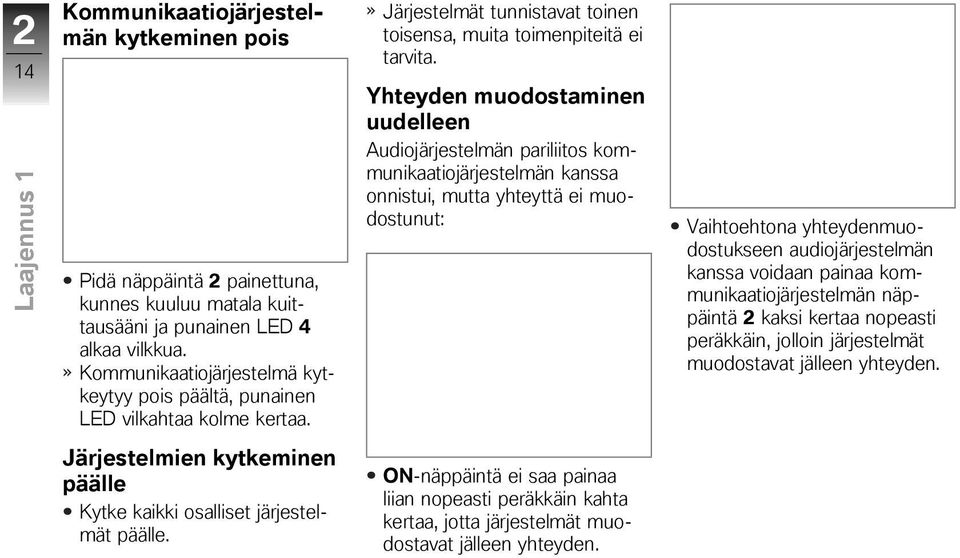 Yhteyden muodostaminen uudelleen Audiojärjestelmän pariliitos kommunikaatiojärjestelmän kanssa onnistui, mutta yhteyttä ei muodostunut: Vaihtoehtona yhteydenmuodostukseen audiojärjestelmän kanssa