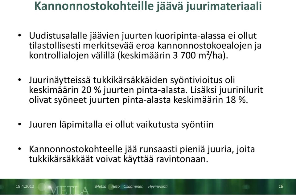 Juurinäytteissä tukkikärsäkkäiden syöntivioitus oli keskimäärin 20 % juurten pinta-alasta.