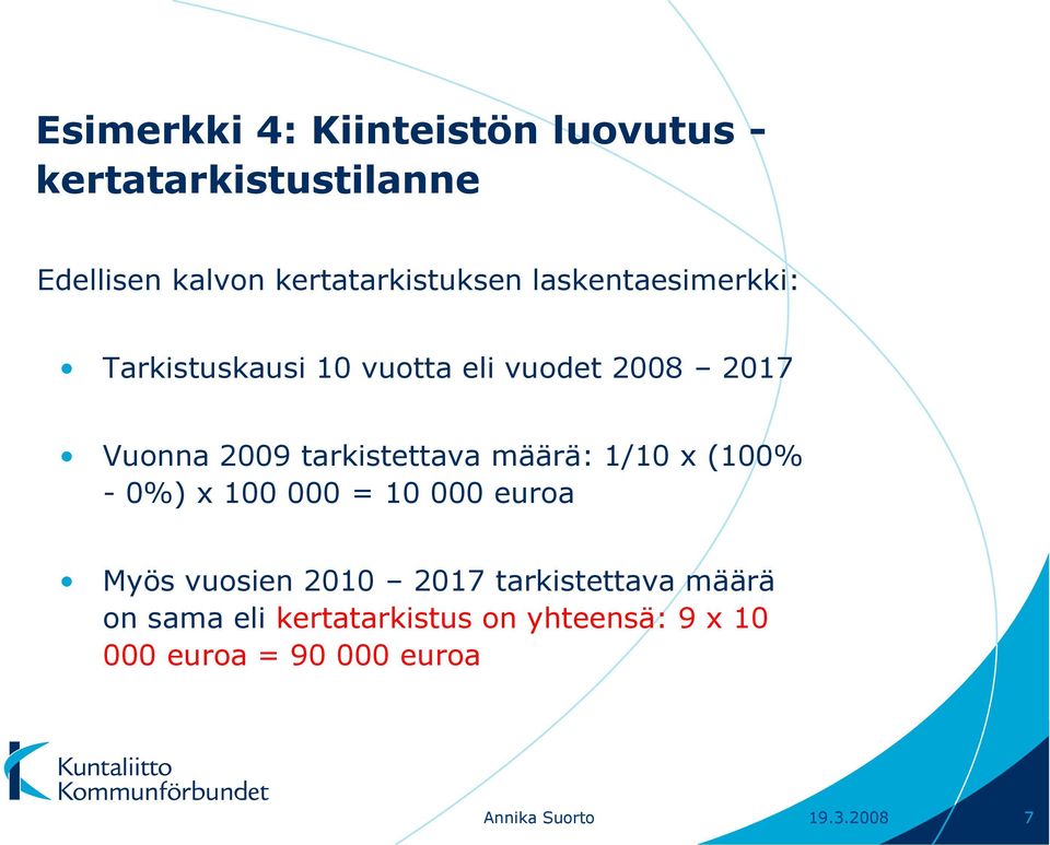 määrä: 1/10 x (100% - 0%) x 100 000 = 10 000 euroa Myös vuosien 2010 2017 tarkistettava määrä