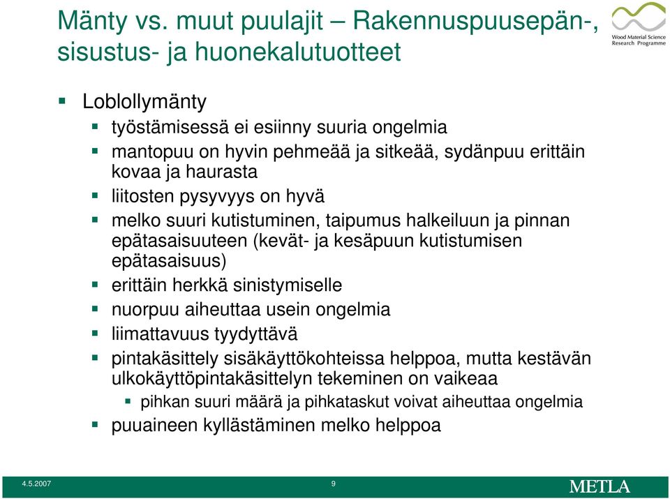 sydänpuu erittäin kovaa ja haurasta liitosten pysyvyys on hyvä melko suuri kutistuminen, taipumus halkeiluun ja pinnan epätasaisuuteen (kevät- ja kesäpuun