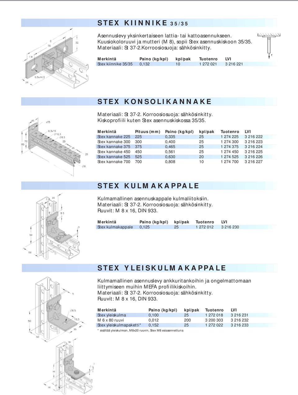 Merkintä Pituus (mm) Paino (kg/kpl) kpl/pak Tuotenro LVI Stex kannake 225 225 0,335 25 1 274 225 3 216 222 Stex kannake 300 300 0,400 25 1 274 300 3 216 223 Stex kannake 375 375 0,465 25 1 274 375 3