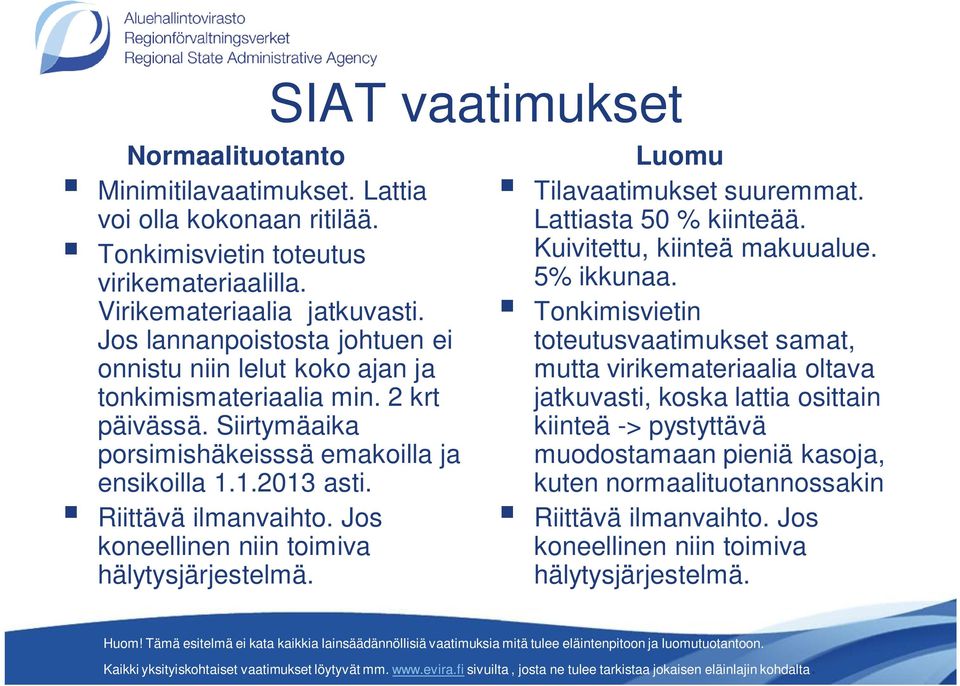 Riittävä ilmanvaihto. Jos koneellinen niin toimiva hälytysjärjestelmä. Luomu Tilavaatimukset suuremmat. Lattiasta 50 % kiinteää. Kuivitettu, kiinteä makuualue. 5% ikkunaa.