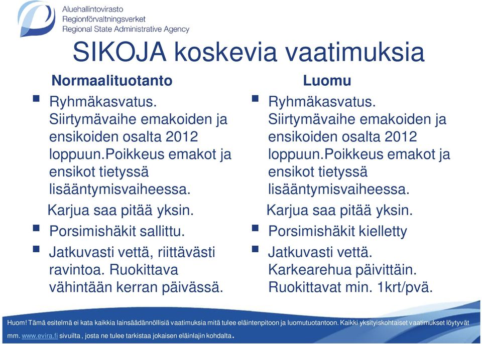 Ruokittava vähintään kerran päivässä. Luomu Ryhmäkasvatus. Siirtymävaihe emakoiden ja ensikoiden osalta 2012 loppuun.