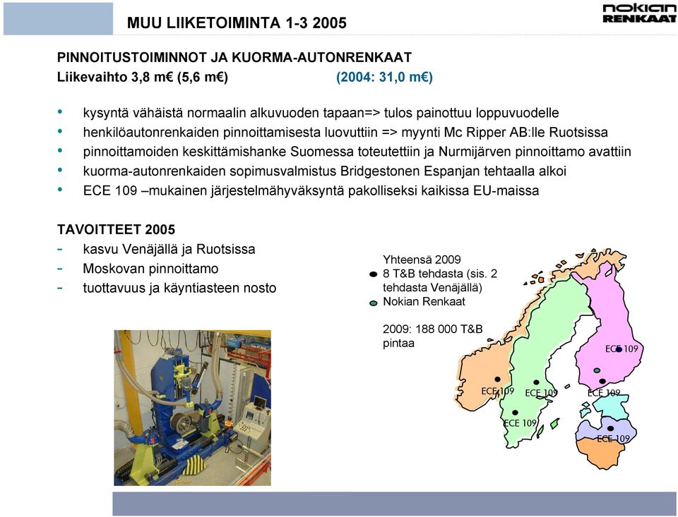 kuorma-autonrenkaiden sopimusvalmistus Bridgestonen Espanjan tehtaalla alkoi ECE 109 mukainen järjestelmähyväksyntä pakolliseksi kaikissa EU-maissa TAVOITTEET 2005 - kasvu Venäjällä ja