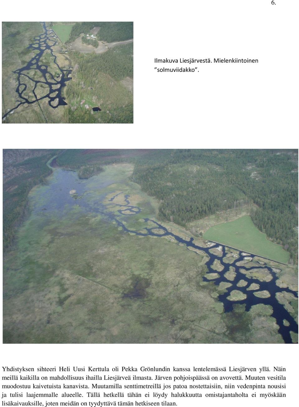 Näin meillä kaikilla on mahdollisuus ihailla Liesjärveä ilmasta. Järven pohjoispäässä on avovettä.