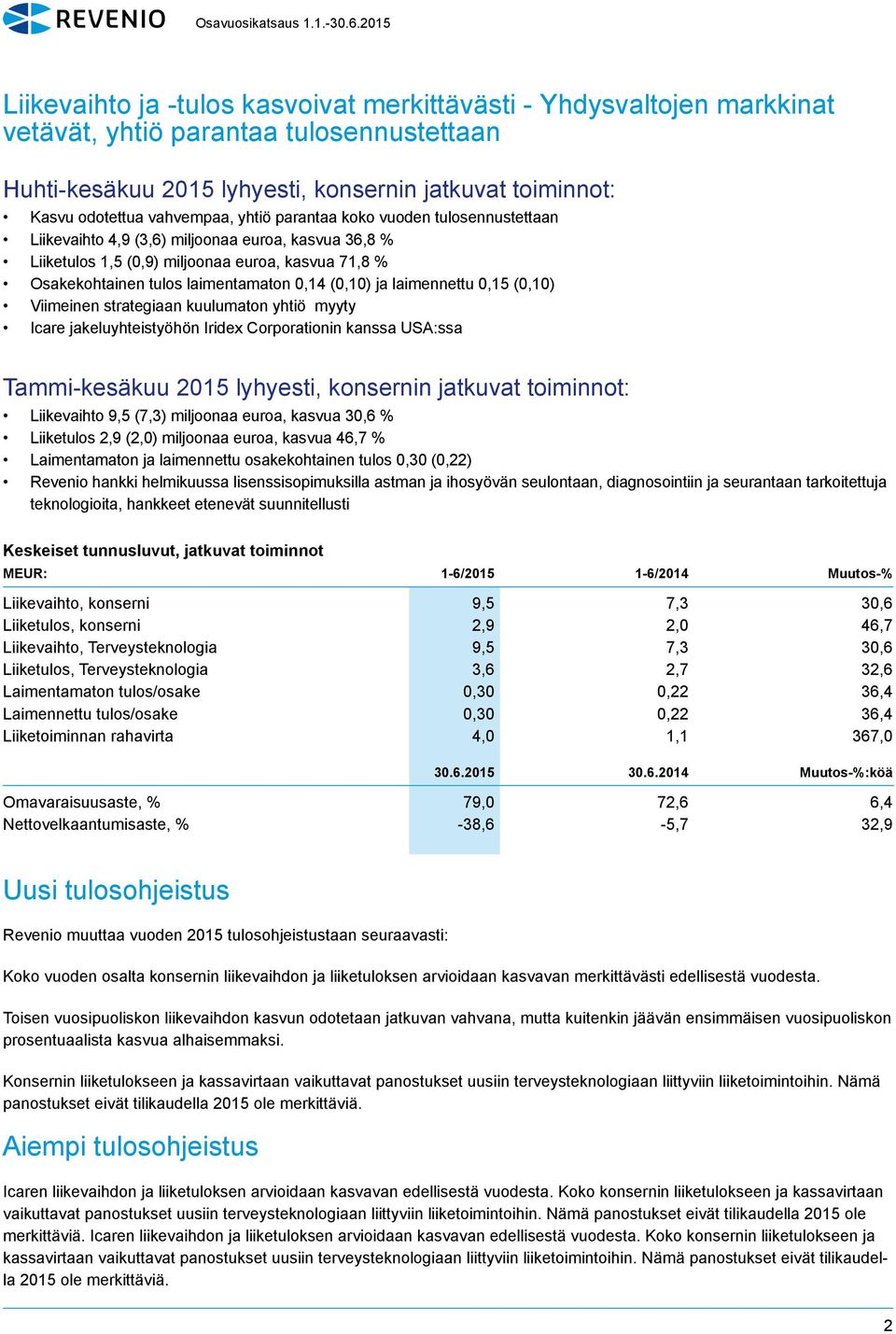 laimennettu 0,15 (0,10) Viimeinen strategiaan kuulumaton yhtiö myyty Icare jakeluyhteistyöhön Iridex Corporationin kanssa USA:ssa Tammi-kesäkuu lyhyesti, konsernin jatkuvat toiminnot: Liikevaihto 9,5