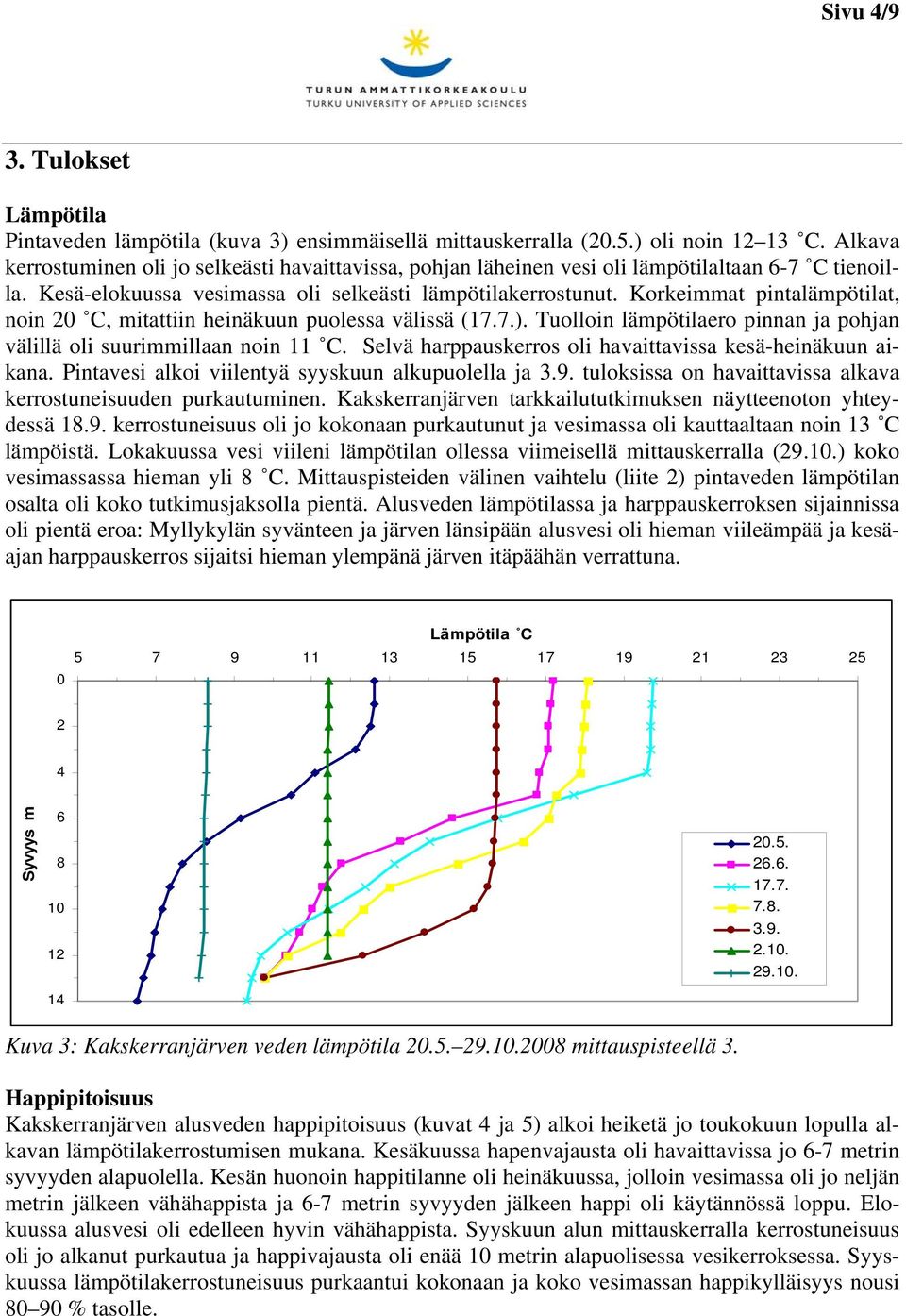 Korkeimmat pintalämpötilat, noin C, mitattiin heinäkuun puolessa välissä (17.7.). Tuolloin lämpötilaero pinnan ja pohjan välillä oli suurimmillaan noin 11 C.