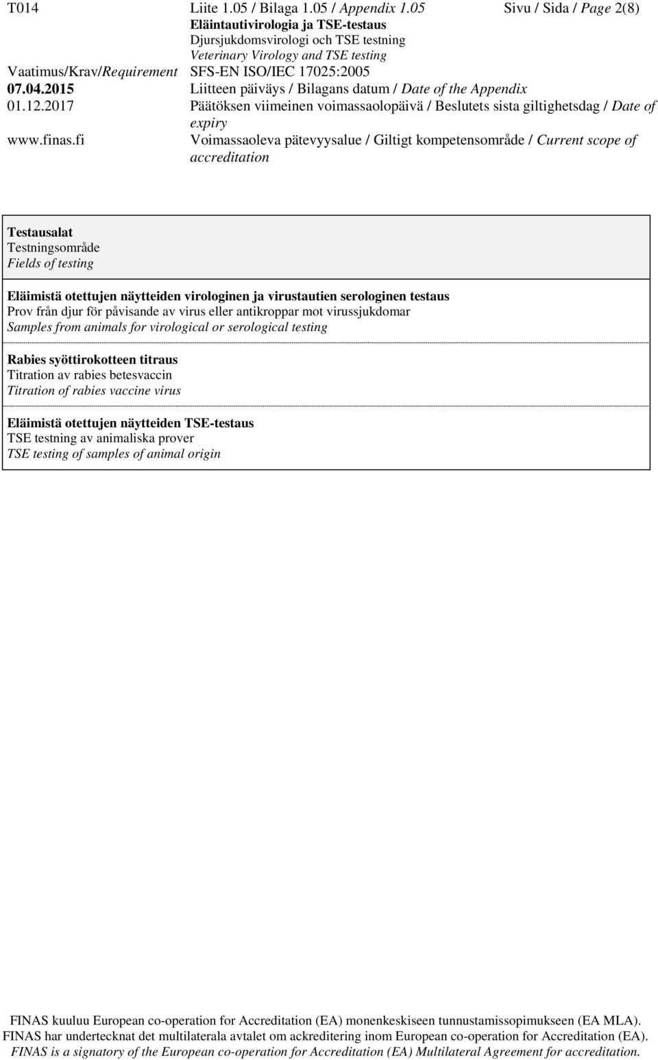 från djur för påvisande av virus eller antikroppar mot virussjukdomar Samples from animals for virological or serological testing Rabies syöttirokotteen titraus