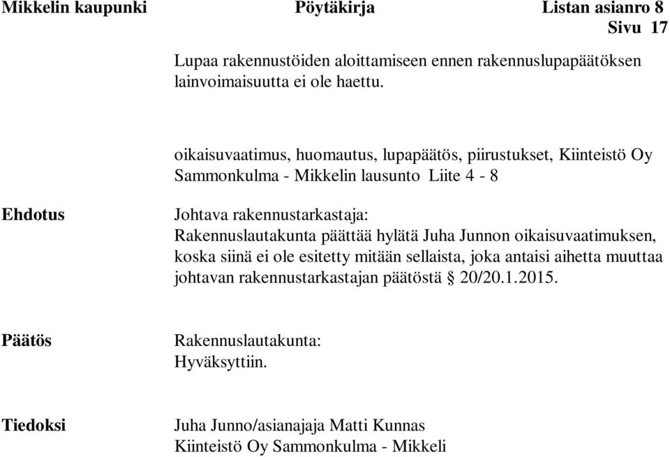 Rakennuslautakunta päättää hylätä Juha Junnon oikaisuvaatimuksen, koska siinä ei ole esitetty mitään sellaista, joka antaisi aihetta muuttaa johtavan
