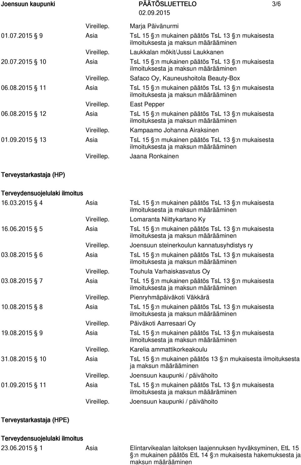 2015 13 Asia TsL 15 :n mukainen päätös TsL 13 :n mukaisesta Jaana Ronkainen Terveystarkastaja (HP) 16.03.2015 4 Asia TsL 15 :n mukainen päätös TsL 13 :n mukaisesta Lomaranta Niittykartano Ky 16.06.