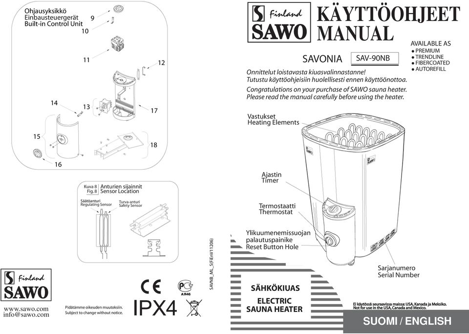 Vastukset Heating Elements KÄYTTÖOHJEET MANUAL SAV-90NB AVAILABLE AS PREMIUM TRENDLINE FIBERCOATED AUTOREFILL 16 Kuva 8 Fig.