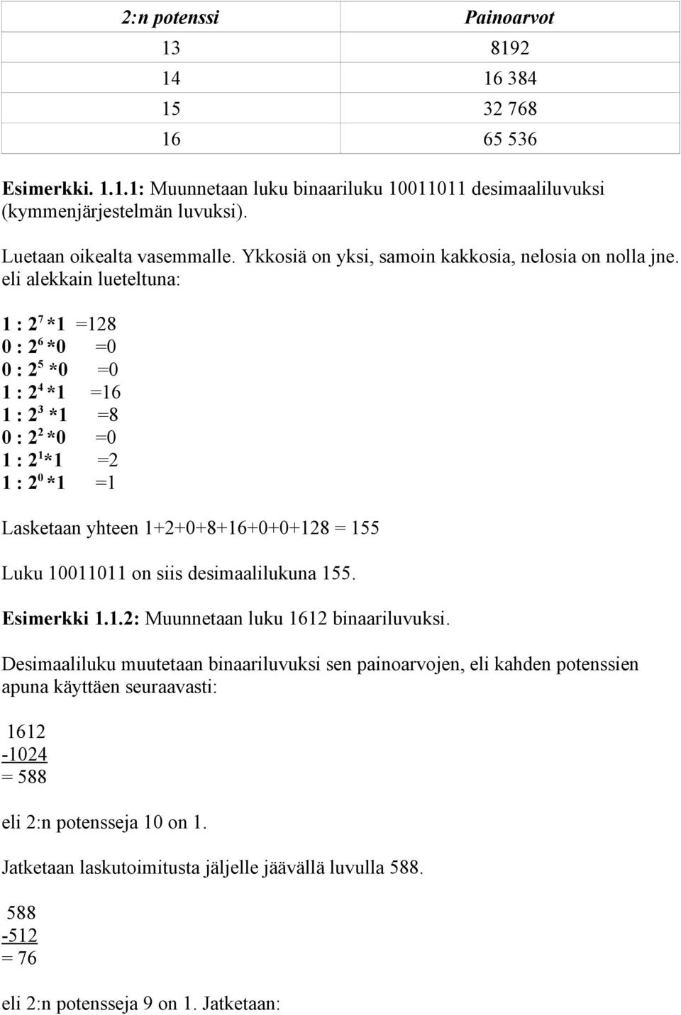 eli alekkain lueteltuna: 1 : 2 7 *1 =128 0 : 2 6 *0 =0 0 : 2 5 *0 =0 1 : 2 4 *1 =16 1 : 2 3 *1 =8 0 : 2 2 *0 =0 1 : 2 1 *1 =2 1 : 2 0 *1 =1 Lasketaan yhteen 1+2+0+8+16+0+0+128 = 155 Luku 10011011