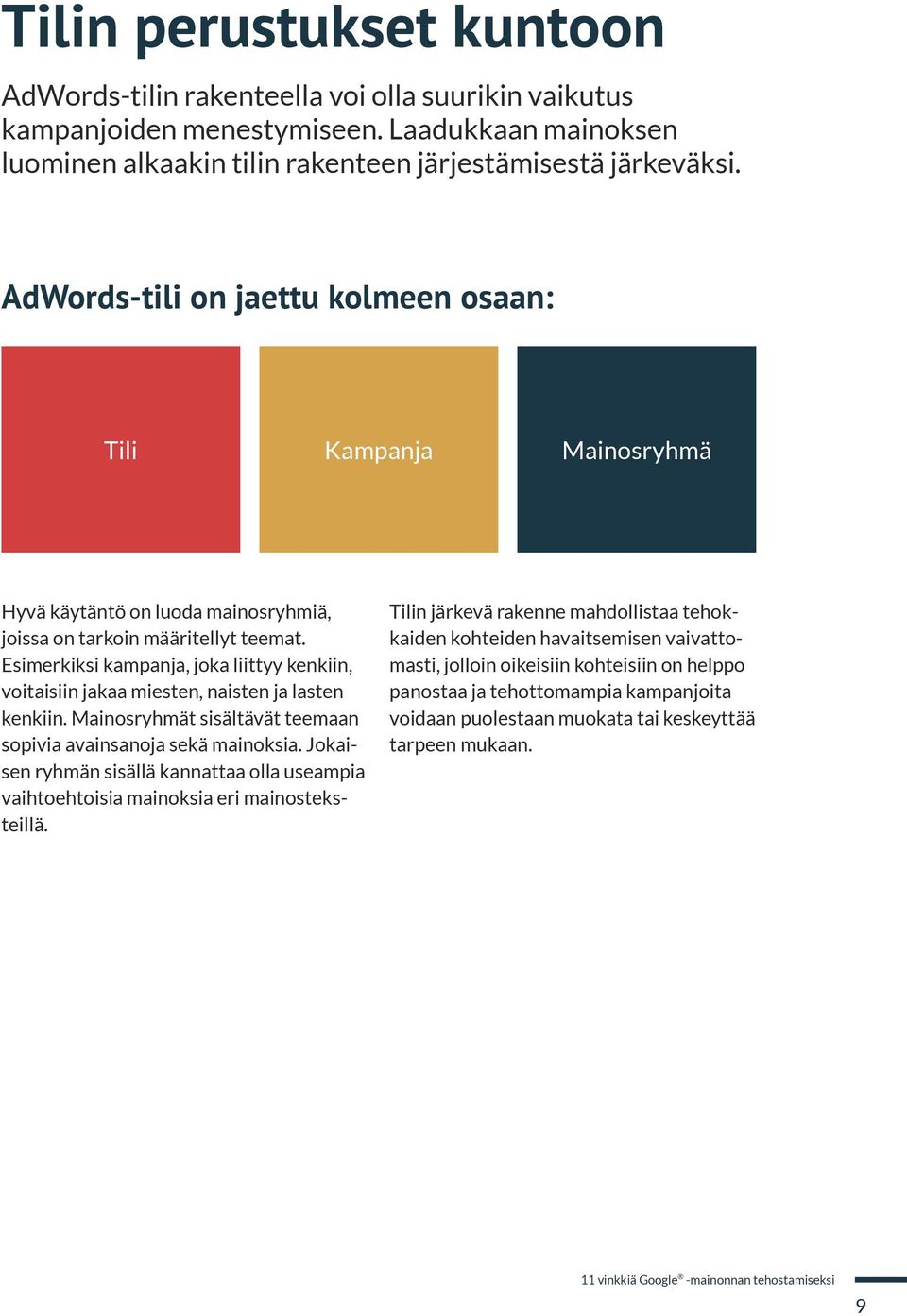 Esimerkiksi kampanja, joka liittyy kenkiin, voitaisiin jakaa miesten, naisten ja lasten kenkiin. Mainosryhmät sisältävät teemaan sopivia avainsanoja sekä mainoksia.