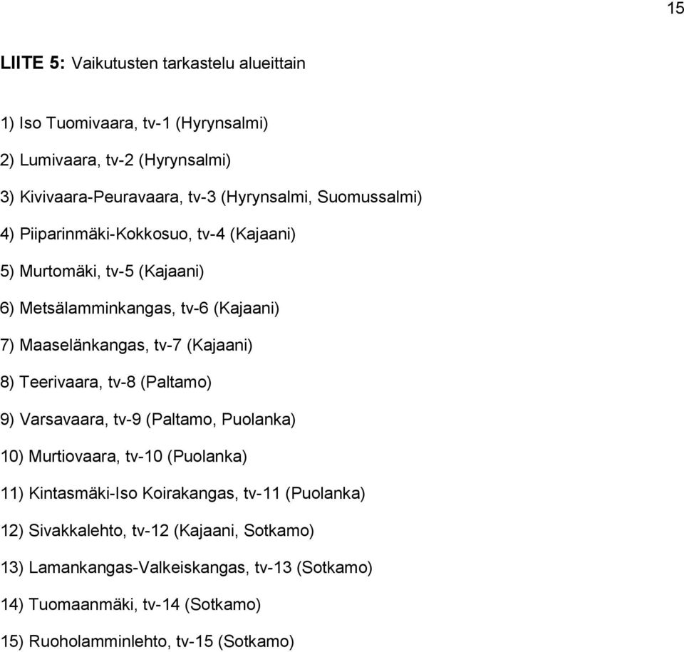 (Kajaani) 8) Teerivaara, tv-8 (Paltamo) 9) Varsavaara, tv-9 (Paltamo, Puolanka) 10) Murtiovaara, tv-10 (Puolanka) 11) Kintasmäki-Iso Koirakangas, tv-11