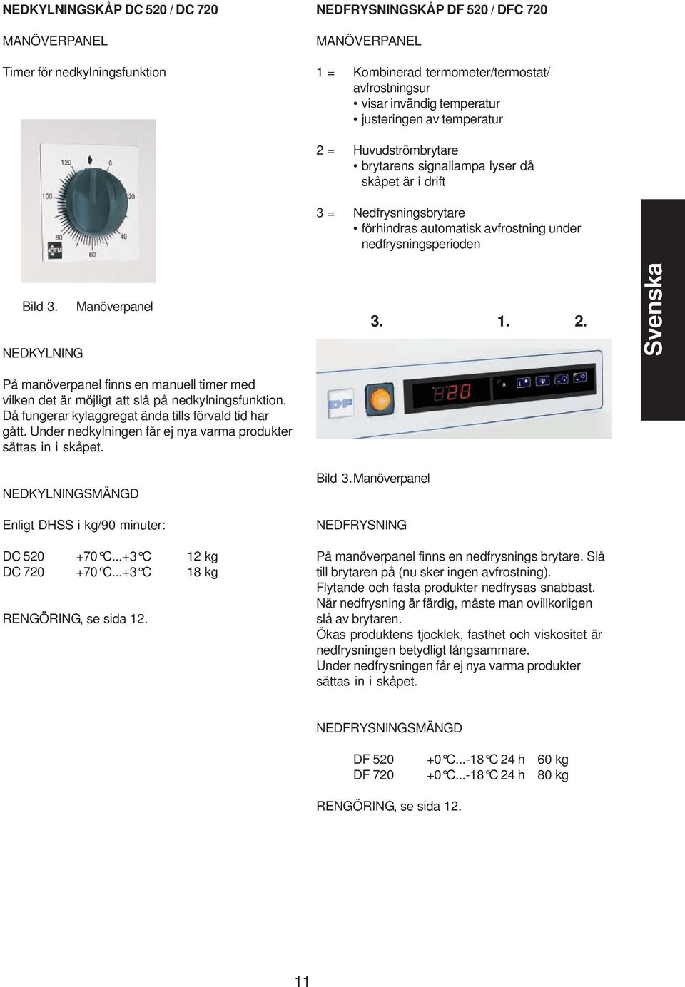 Då fungerar kylaggregat ända tills förvald tid har gått. Under nedkylningen får ej nya varma produkter sättas in i skåpet. NEDKYLNINGSMÄNGD Enligt DHSS i kg/90 minuter: DC 520 +70 C.