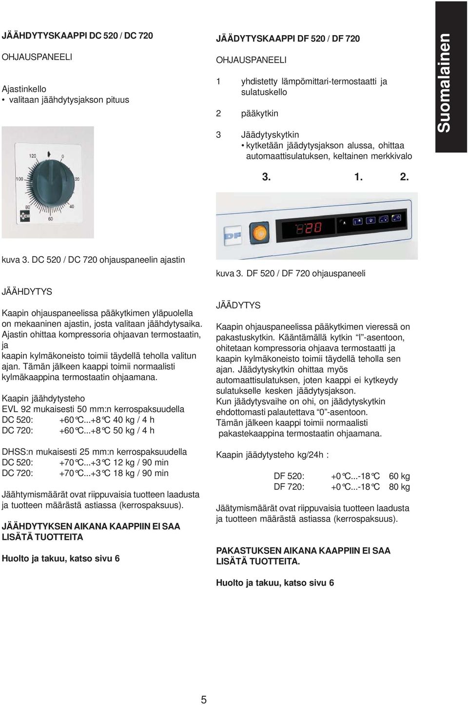 DC 520 / DC 720 ohjauspaneelin ajastin JÄÄHDYTYS Kaapin ohjauspaneelissa pääkytkimen yläpuolella on mekaaninen ajastin, josta valitaan jäähdytysaika.