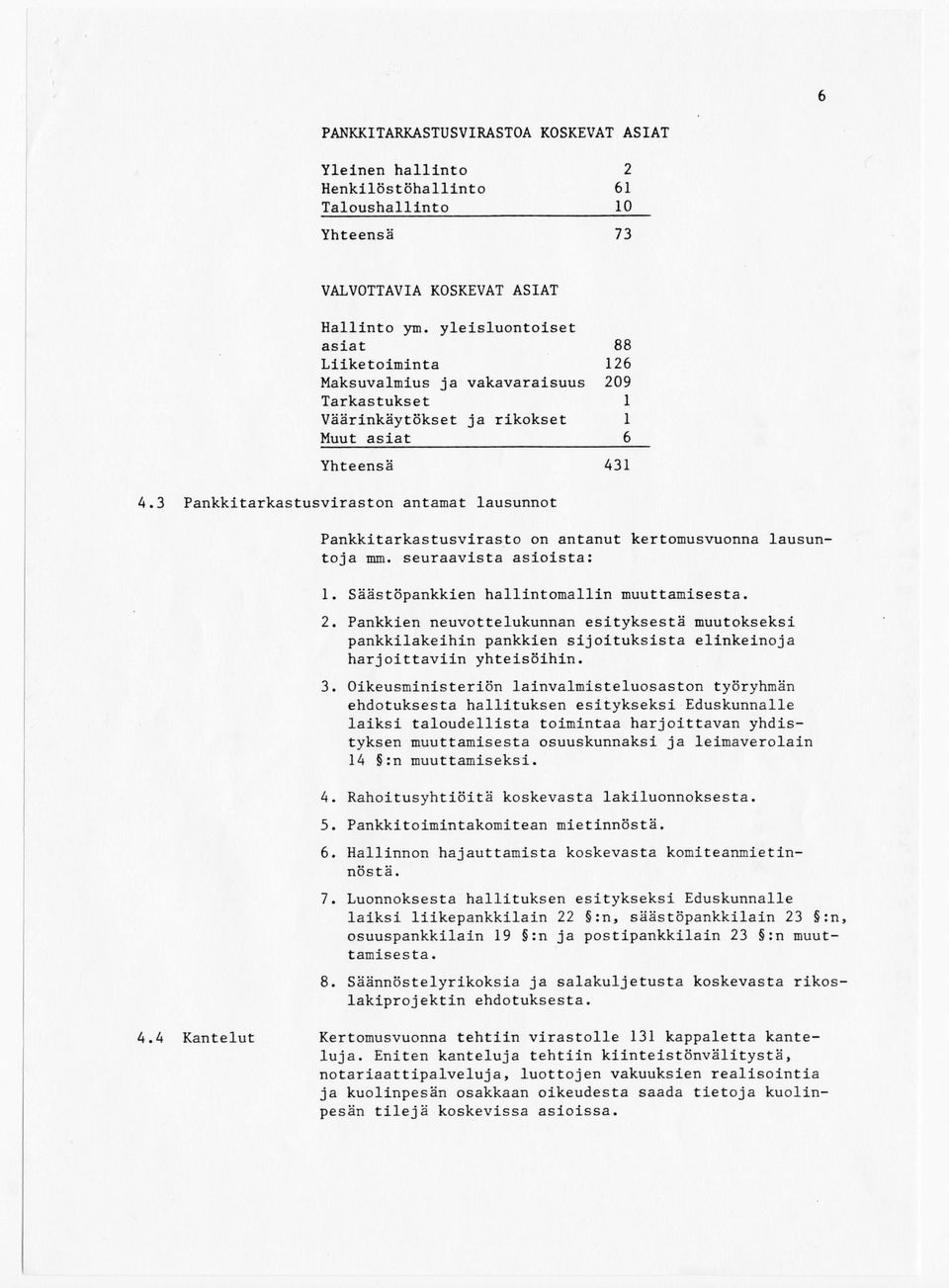 3 Pankkitarkastusviraston antamat lausunnot Pankkitarkastusvirasto on antanut kertomusvuonna lausuntoja mm. seuraavista asioista: 1. Säästöpankkien hallintomallin muuttamisesta. 2.