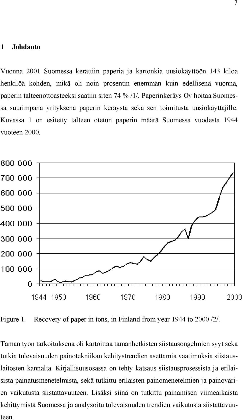 Kuvassa 1 on esitetty talteen otetun paperin määrä Suomessa vuodesta 1944 vuoteen 2000. Figure 1. Recovery of paper in tons, in Finland from year 1944 to 2000 /2/.