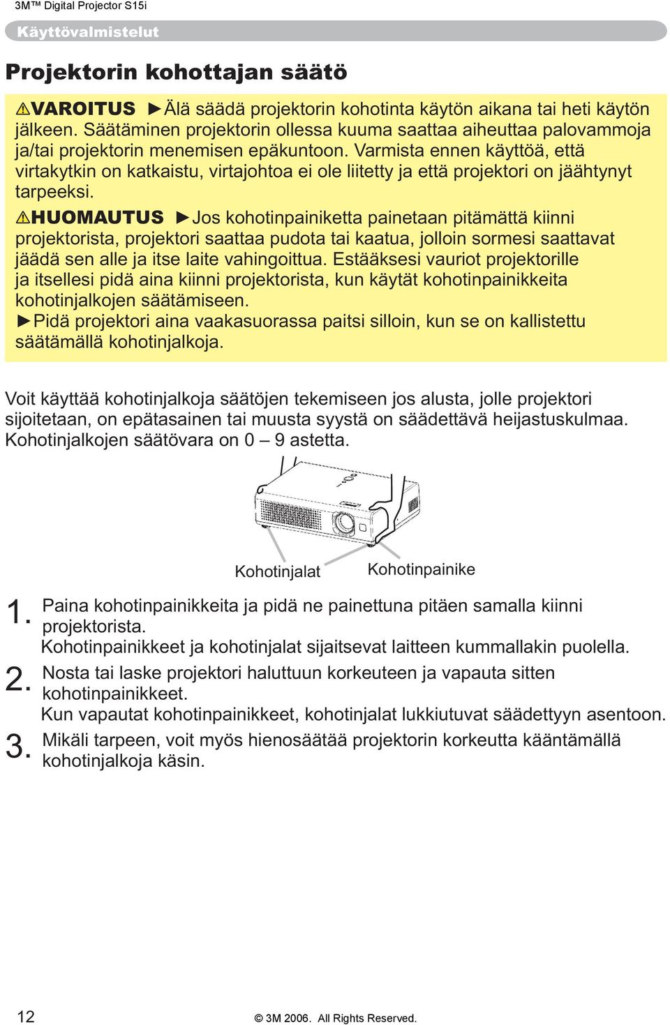 Varmista ennen käyttöä, että virtakytkin on katkaistu, virtajohtoa ei ole liitetty ja että projektori on jäähtynyt tarpeeksi.