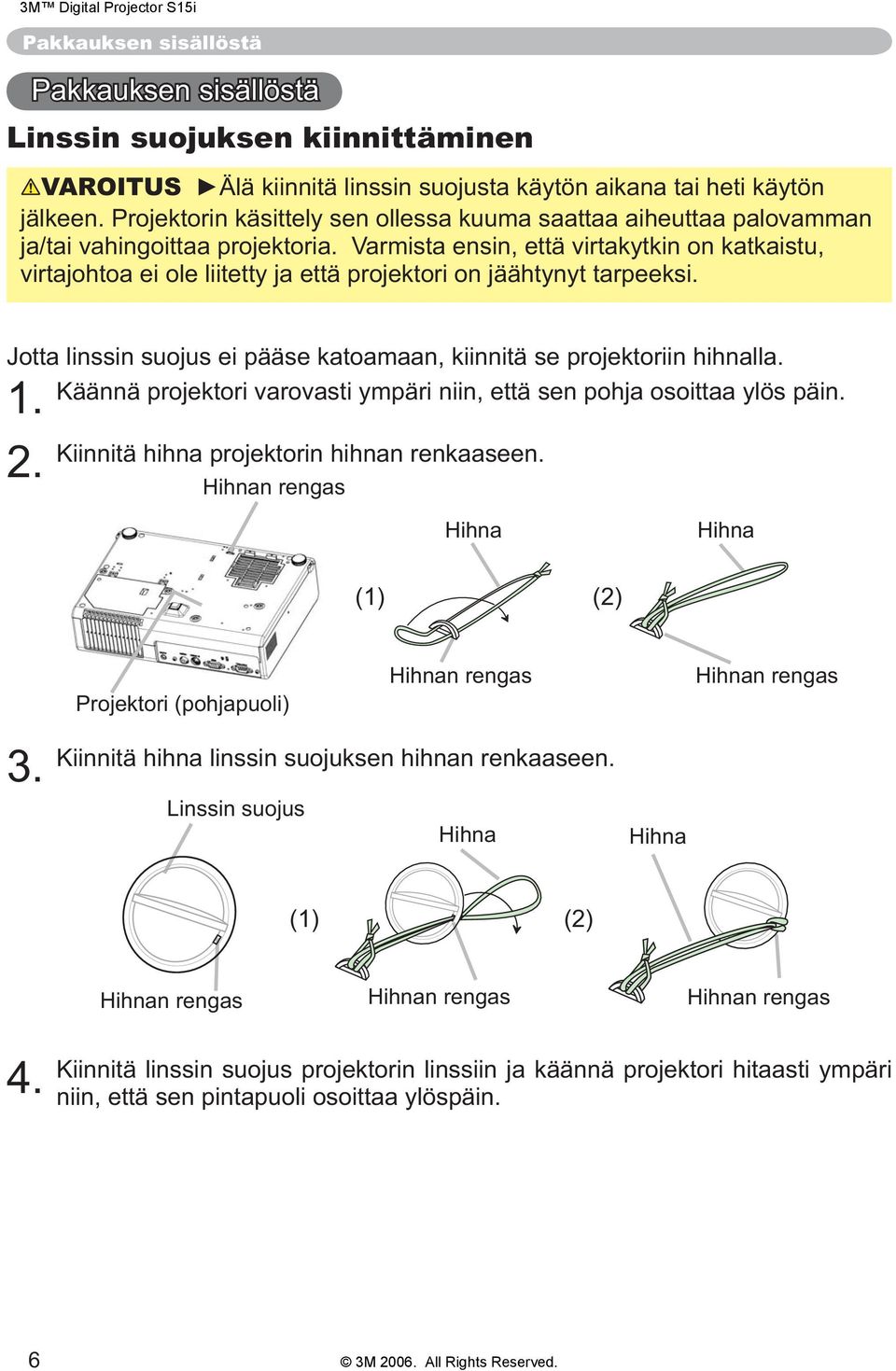 Varmista ensin, että virtakytkin on katkaistu, virtajohtoa ei ole liitetty ja että projektori on jäähtynyt tarpeeksi. Jotta linssin suojus ei pääse katoamaan, kiinnitä se projektoriin hihnalla.